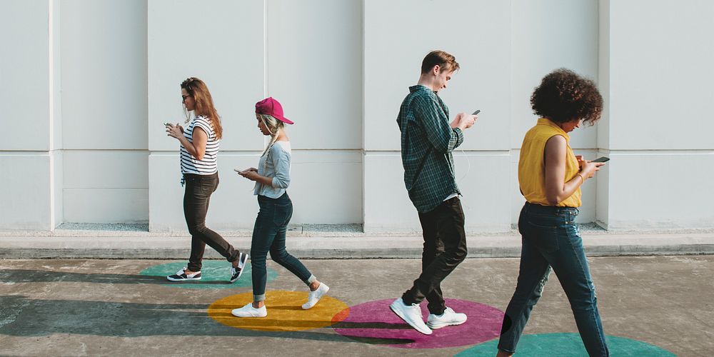 People walking with social distancing in public mockup