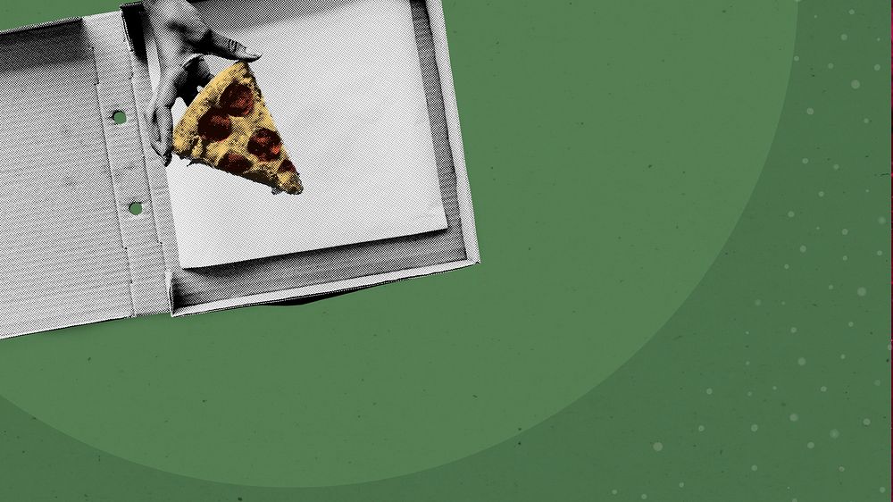 Hand pick up a piece of pizza on green background