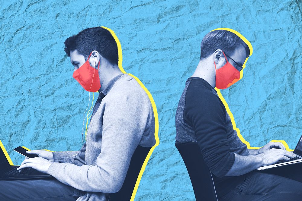 Men with masks sitting in public social template illustration