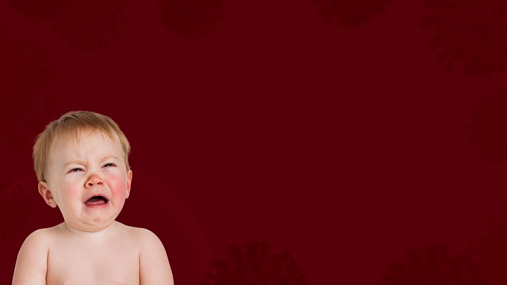 Crying baby in a red background banner