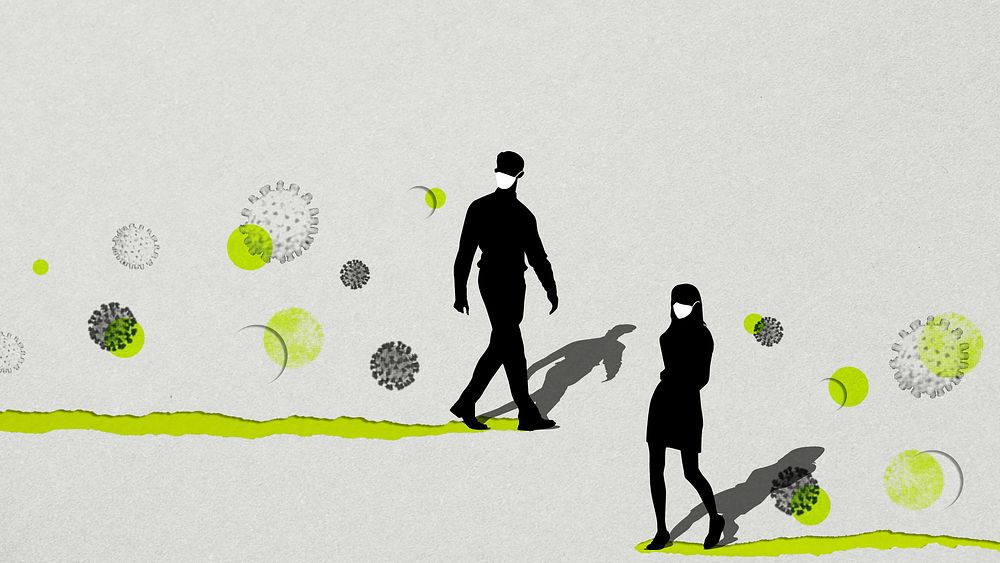 Man and woman's silhouette wearing masks with coronavirus contaminated background banner
