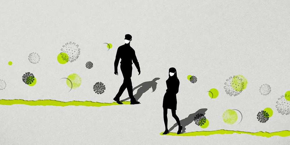 Man and woman's silhouette wearing masks with coronavirus contaminated background banner