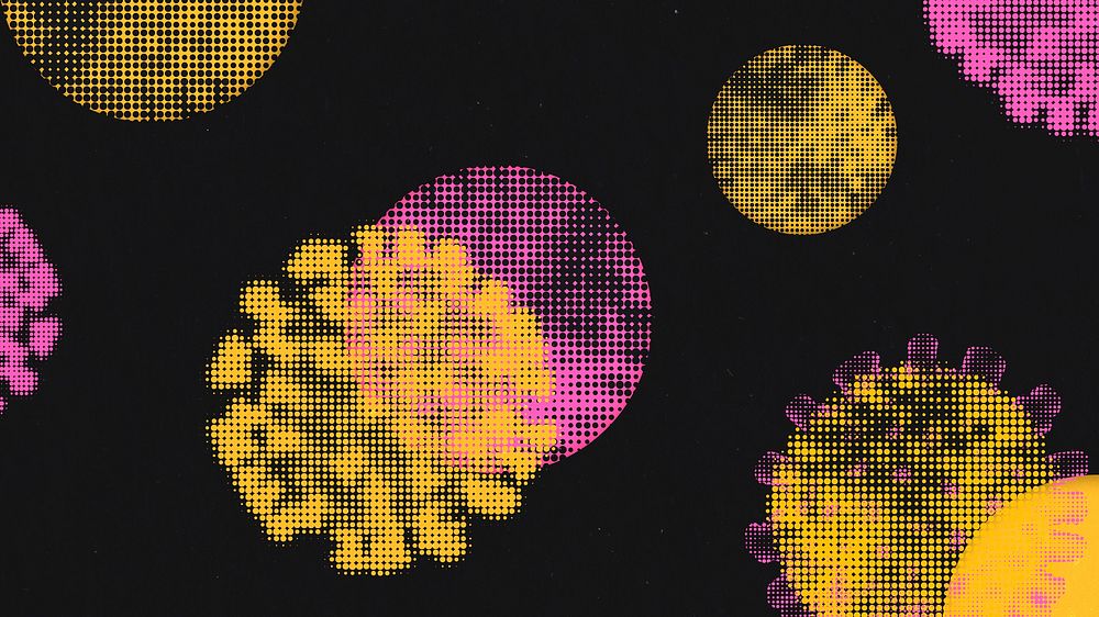 Pink and yellow halftone coronavirus on a black background banner