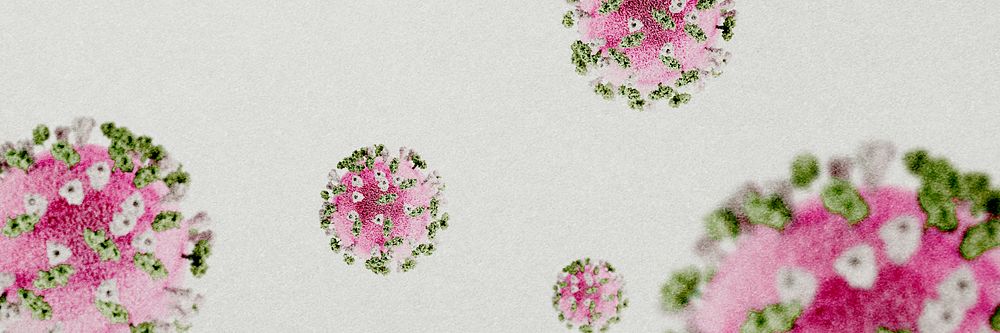 Pink and green novel coronavirus under the microscope on a white background banner