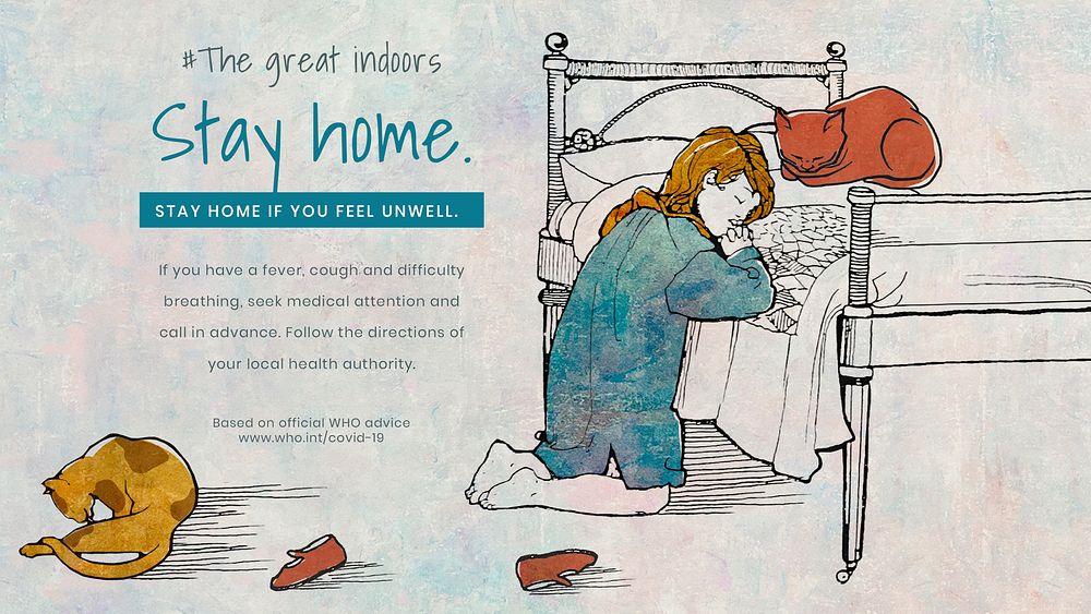 Little girl staying home praying illustration psd mockup banner and WHO's advice on self isolatation
