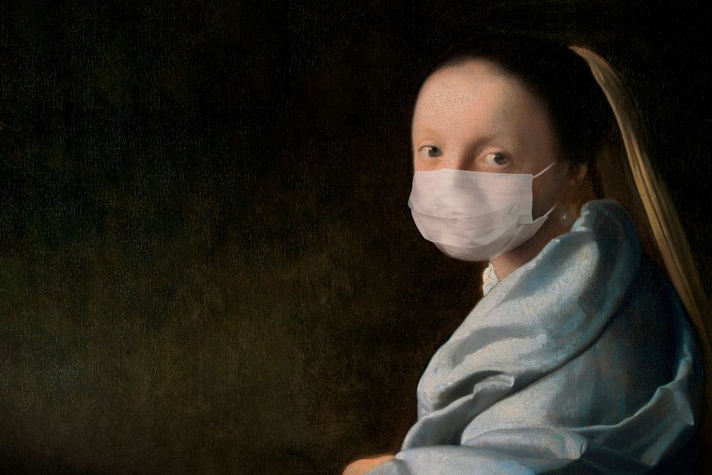 Young woman by Johannes Vermeer wearing a face mask, design remix