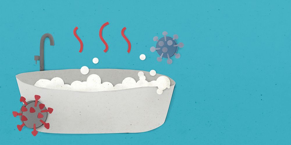 Paper craft hot bath against the virus on a blue background