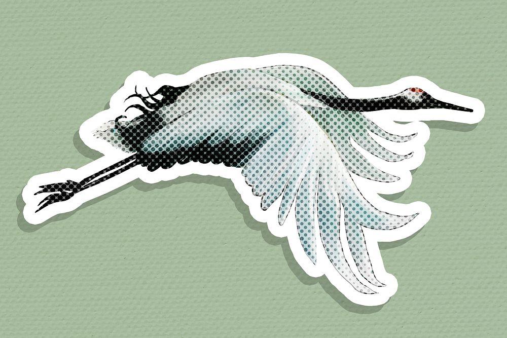 Halftone red-crowned crane sticker with a white border