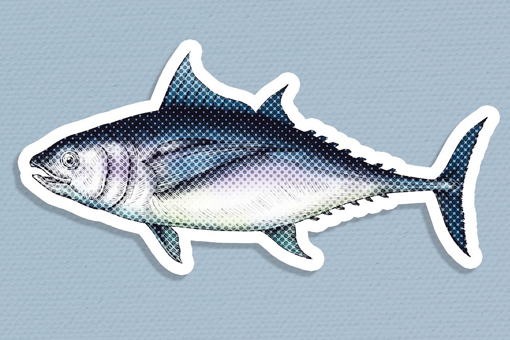 Hand drawn tuna fish with a face halftone style sticker with a white border illustration
