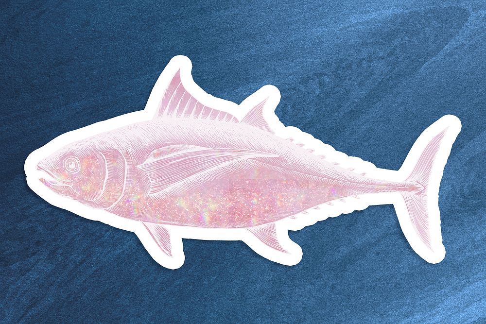Pink holographic tuna fish sticker with a white border