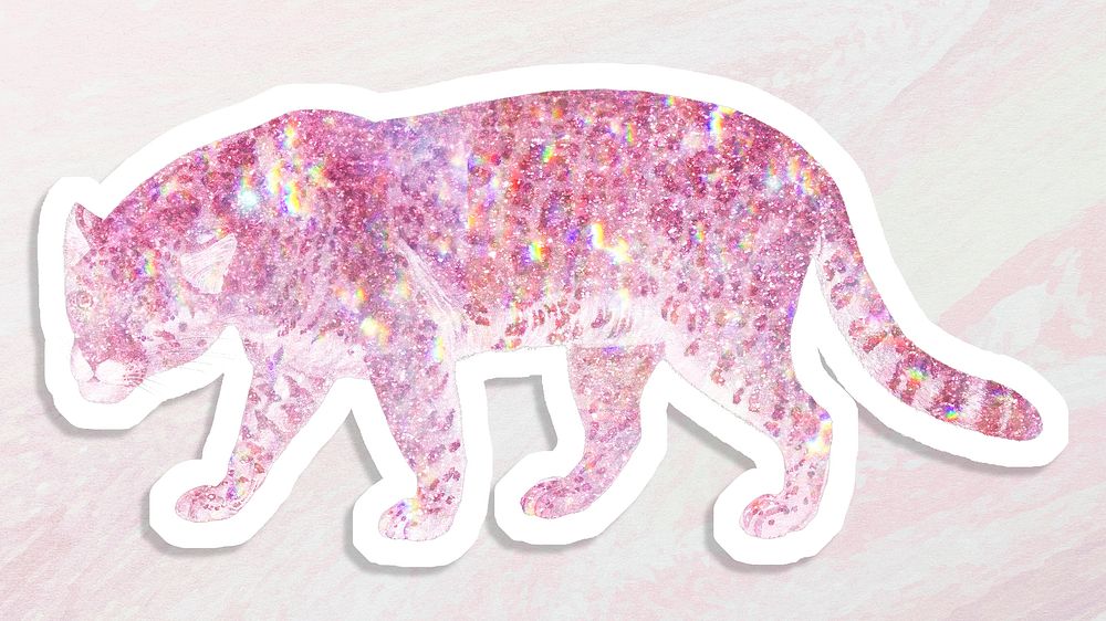 Pink holographic jaguar sticker with white border