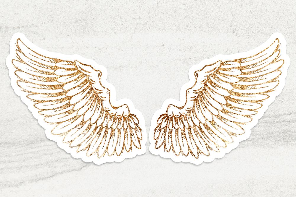 Golden wings sticker overlay with a white border design resource