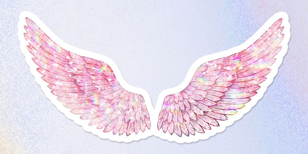 Pink holographic wings sticker overlay with a white border