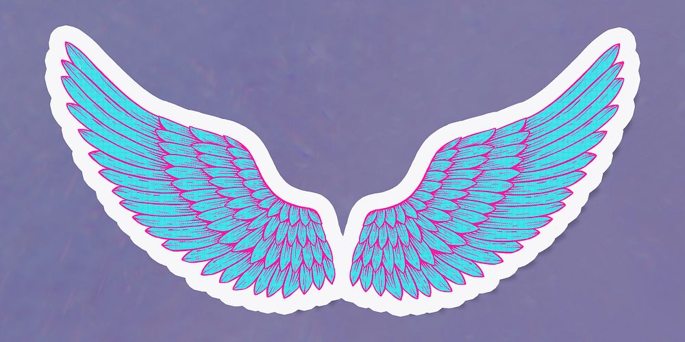 Funky neon wings sticker overlay with a white border design resource