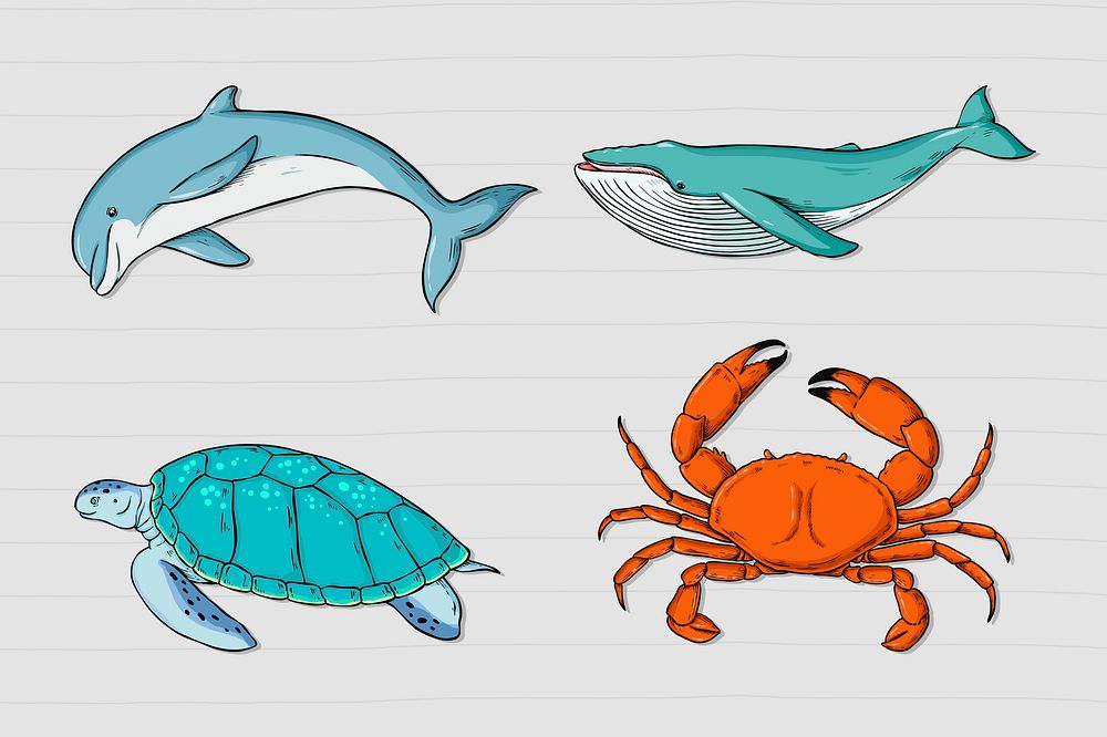 Psd marine animal sticker colorful set illustration