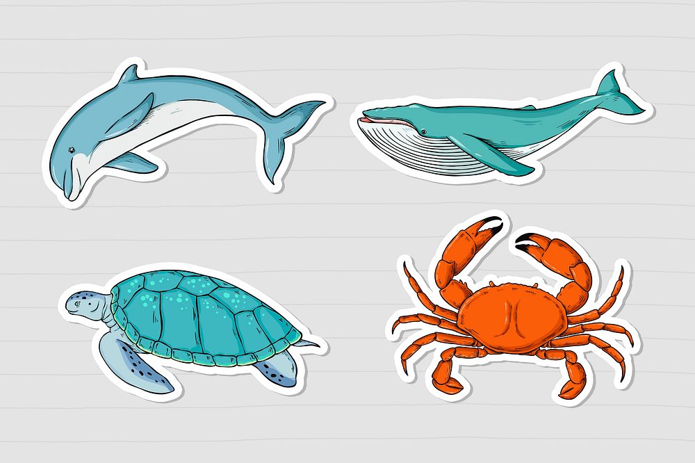 Psd sea life sticker colorful set cartoon illustration