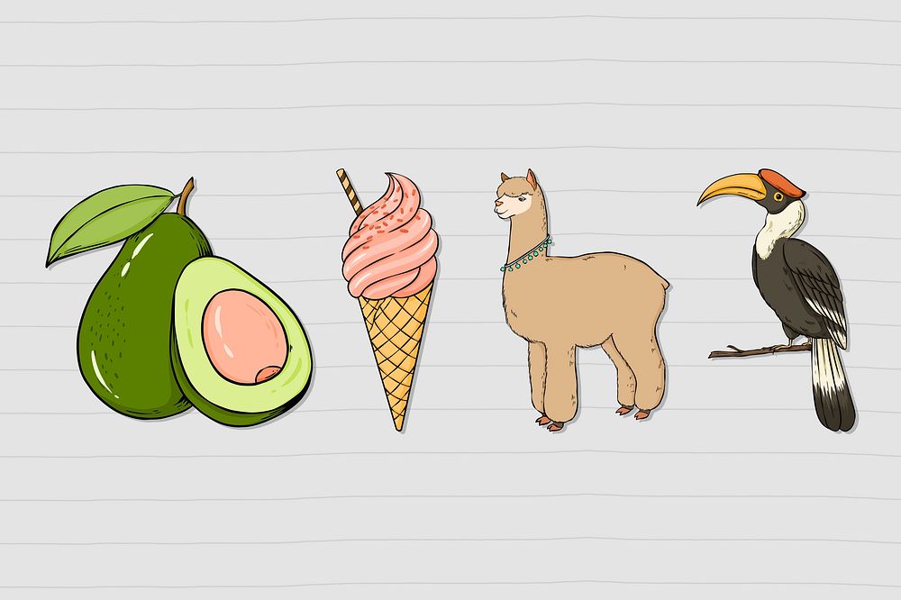Psd animal and food colorful sticker clipart set