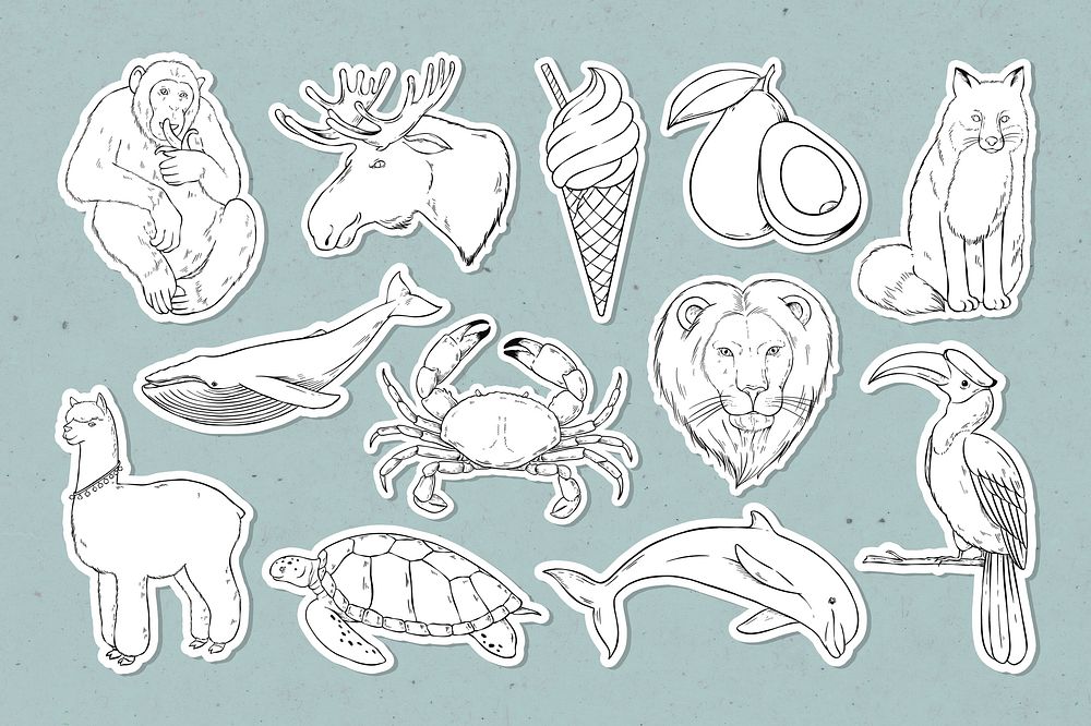 Psd wildlife vintage sticker set black and white