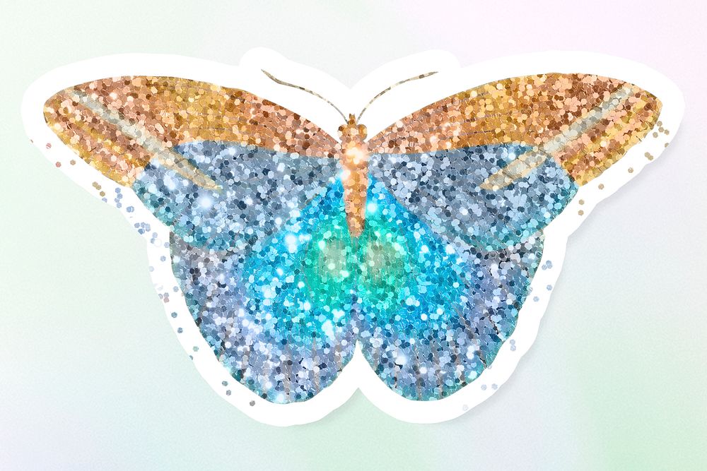 Glittery blue butterfly sticker overlay with a white border on a gradient background