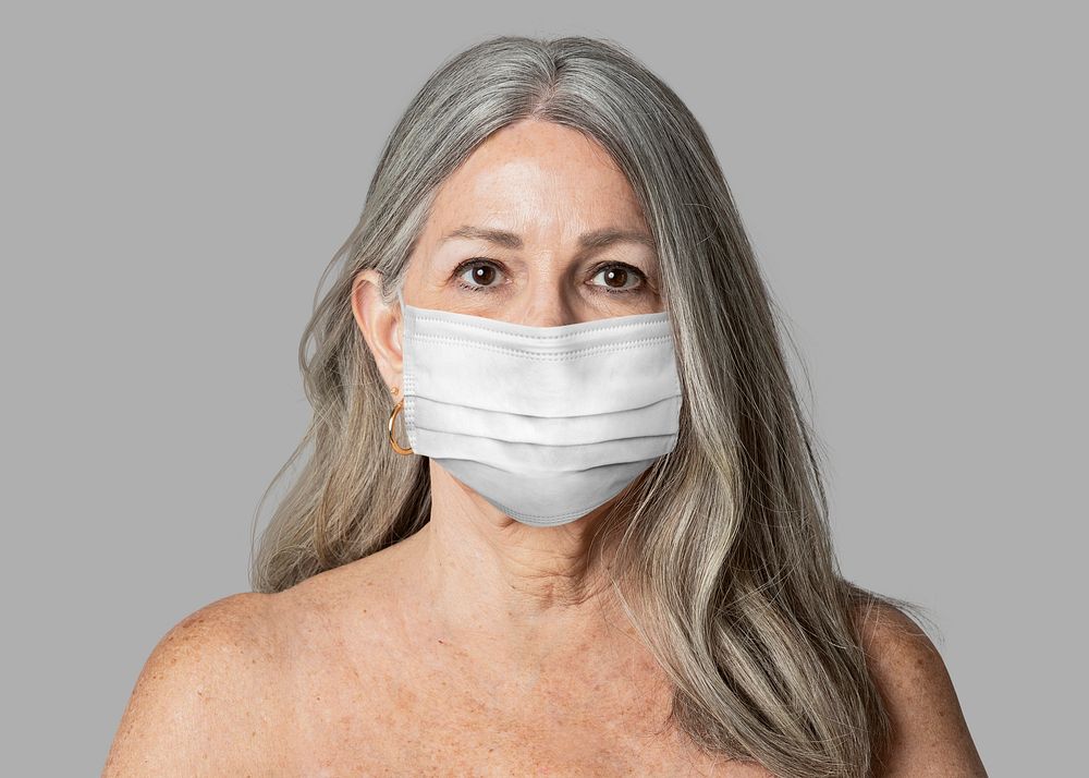 Old lady wearing a face mask during coronavirus pandemic mockup