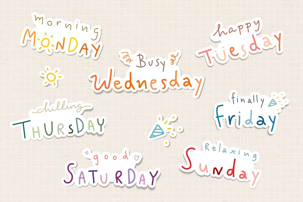 Weekday typography sticker design resource set vector