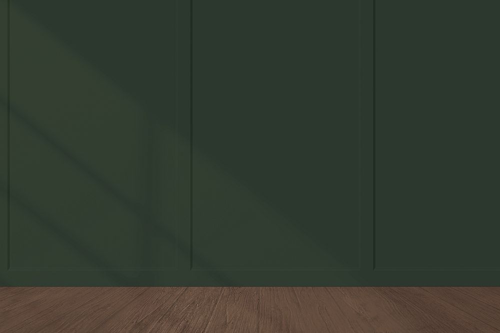 Dark green wall mockup with a wooden floor