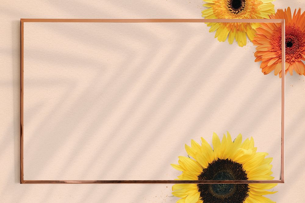 Rectangle blooming sunflower frame on beige background