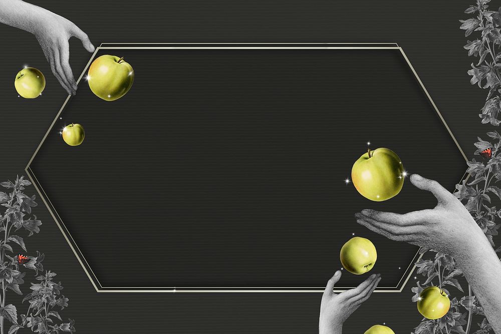Hands throwing green apples on hexagon frame