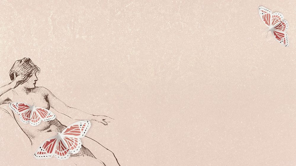 Female nude figure with butterflies on peach background