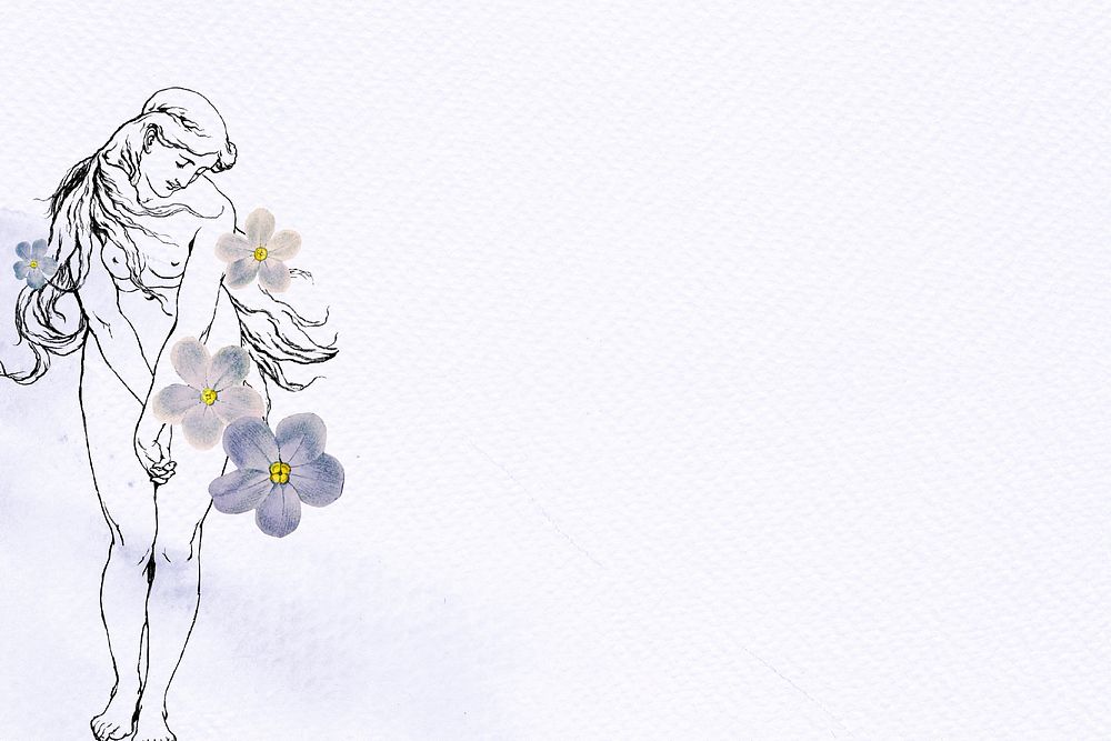 Nude woman with flowers lilac background