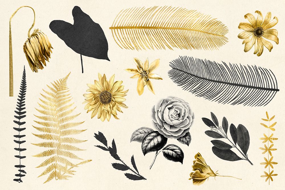 Vintage leaf and flowers gold botanical sticker collection