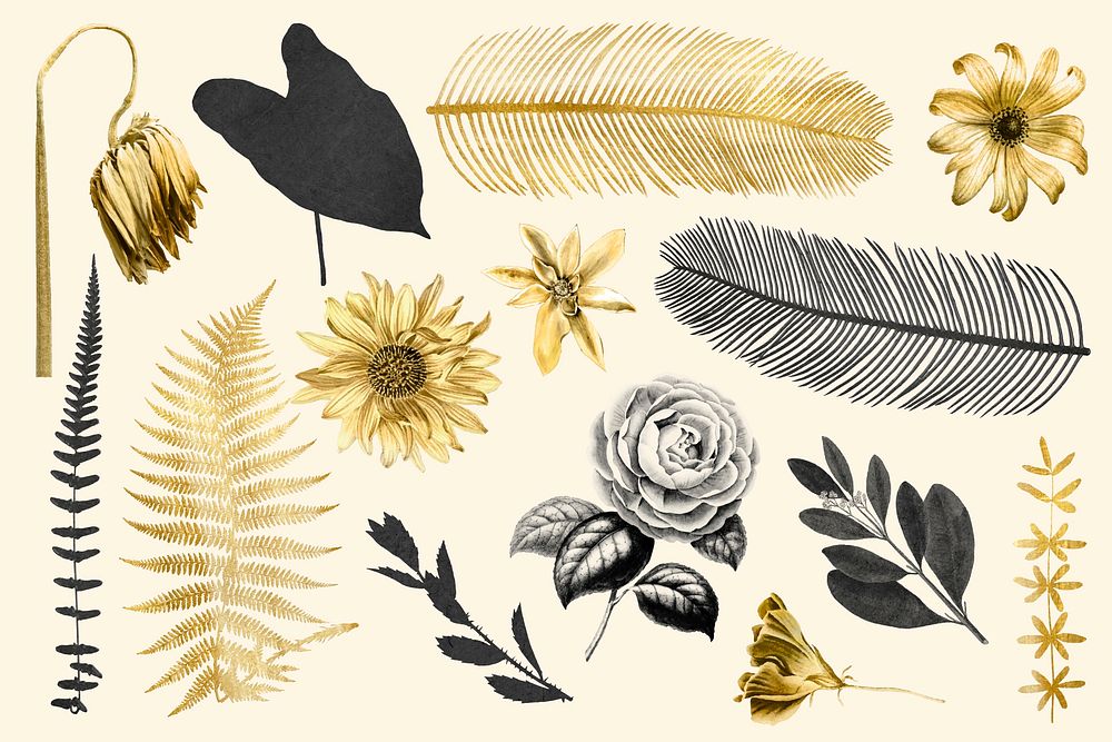 Vintage leaf and flowers gold vector botanical sticker collection