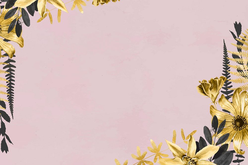 Golden flowers vector border frame on pink textured background
