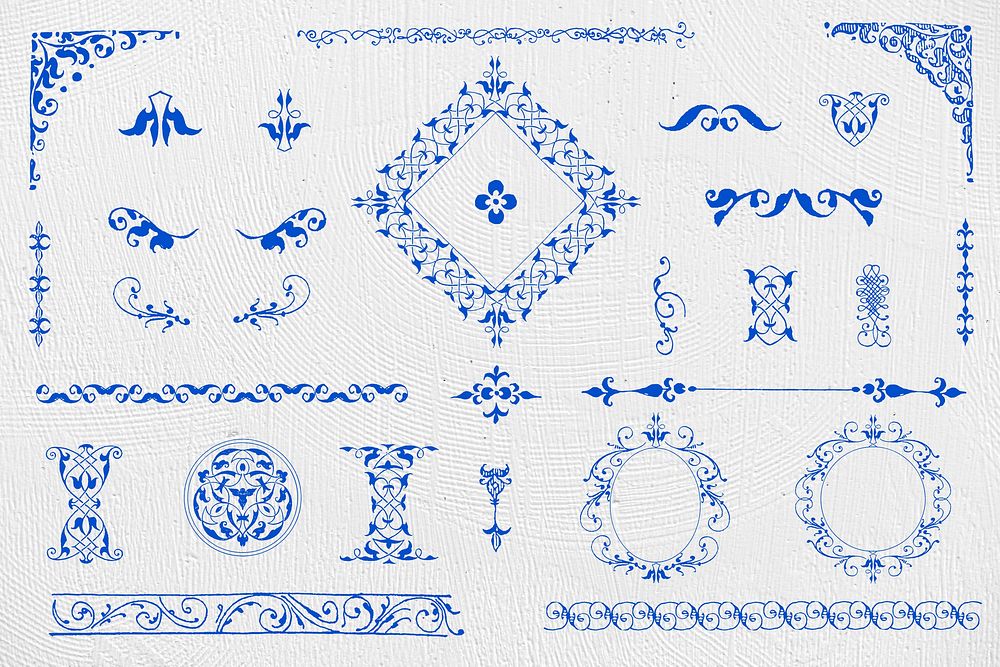Blue vintage ornamental element set, remix from The Model Book of Calligraphy Joris Hoefnagel and Georg Bocskay
