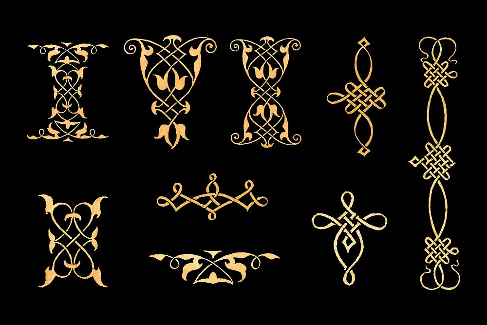 Gold vintage Victorian divider vector set, remix from The Model Book of Calligraphy Joris Hoefnagel and Georg Bocskay