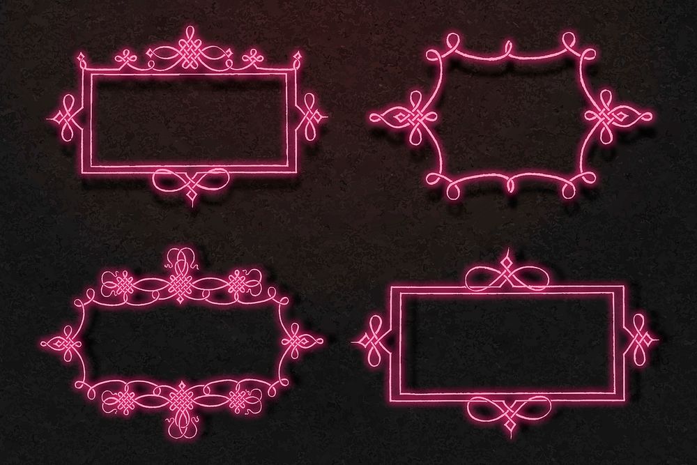 Pink neon filigree frame set vector, remix from The Model Book of Calligraphy Joris Hoefnagel and Georg Bocskay
