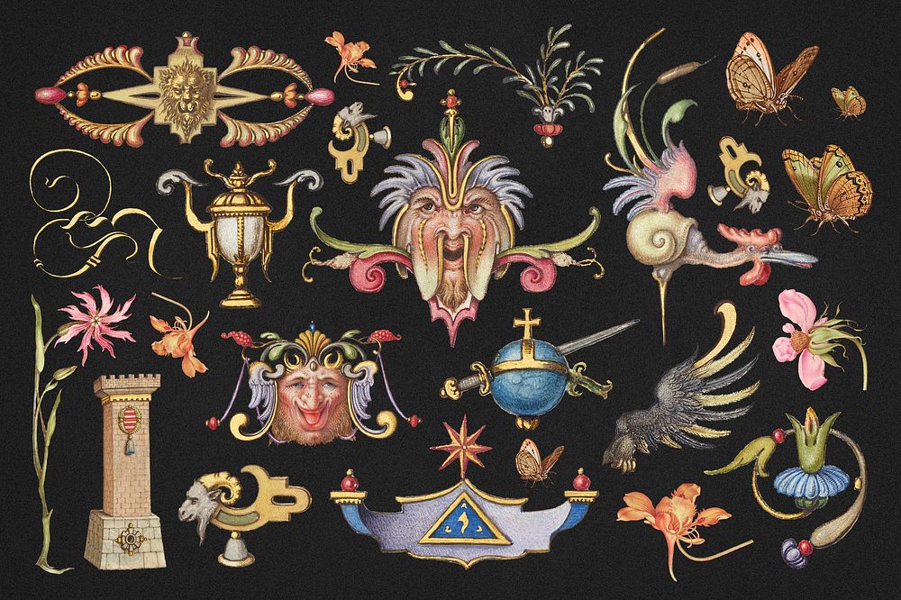 Victorian objects ornamental set, remix from The Model Book of Calligraphy Joris Hoefnagel and Georg Bocskay