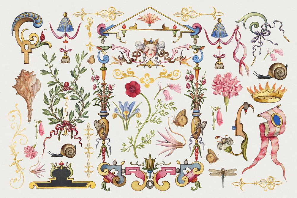 Victorian objects ornamentset, remix from The Model Book of Calligraphy Joris Hoefnagel and Georg Bocskay