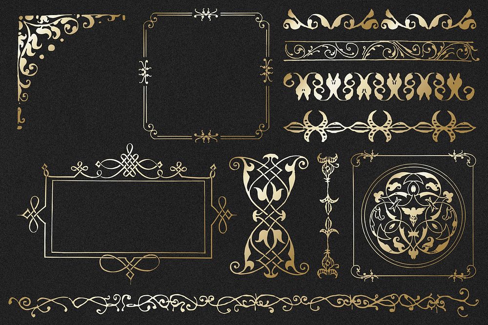Gold vintage ornamental element set, remix from The Model Book of Calligraphy Joris Hoefnagel and Georg Bocskay