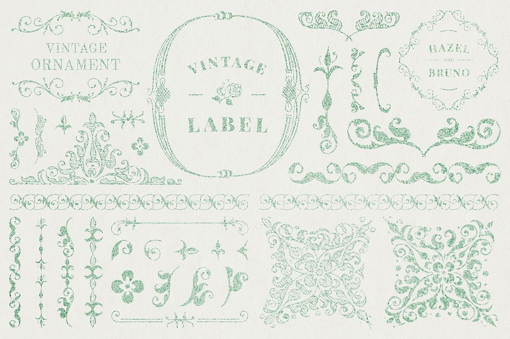 Vintage green glitter ornamental element set, remix from The Model Book of Calligraphy Joris Hoefnagel and Georg Bocskay