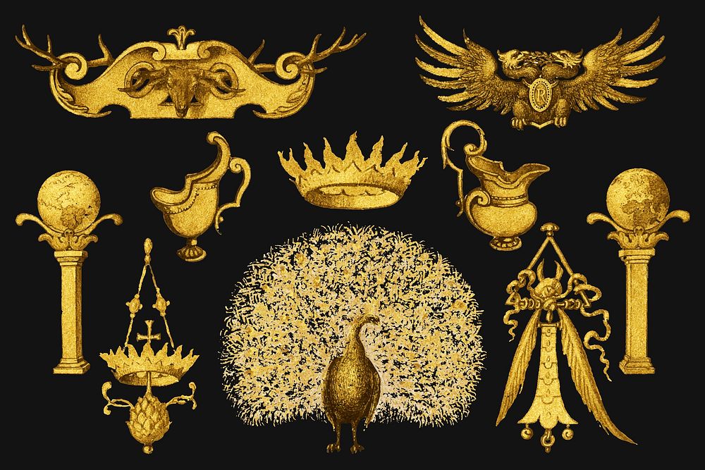 Antique vector gold ornamental medieval style, remix from The Model Book of Calligraphy Joris Hoefnagel and Georg Bocskay