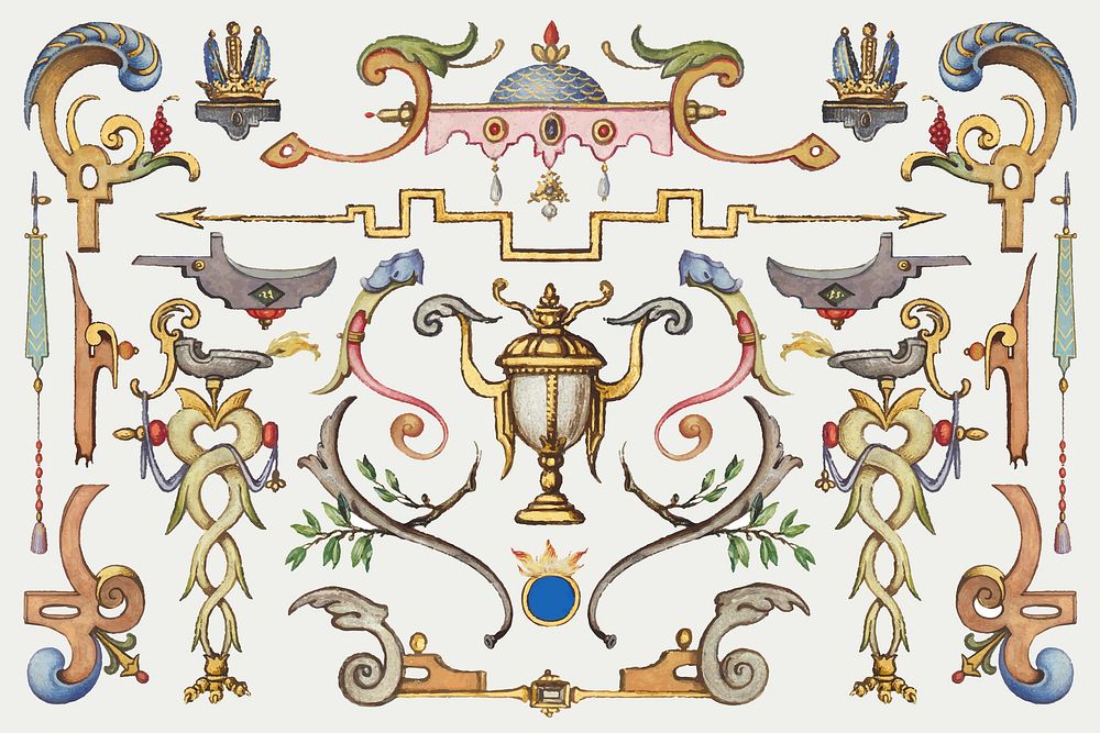 Victorian ornamental objects vector hand drawn, remix from The Model Book of Calligraphy Joris Hoefnagel and Georg Bocskay