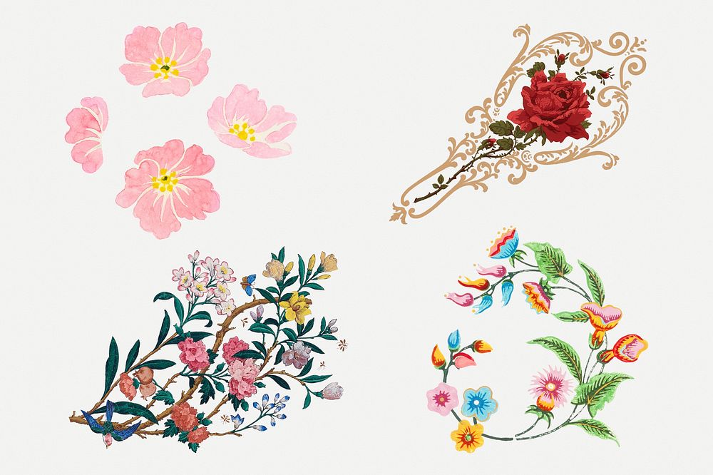 Psd colorful flowers vintage illustration collection