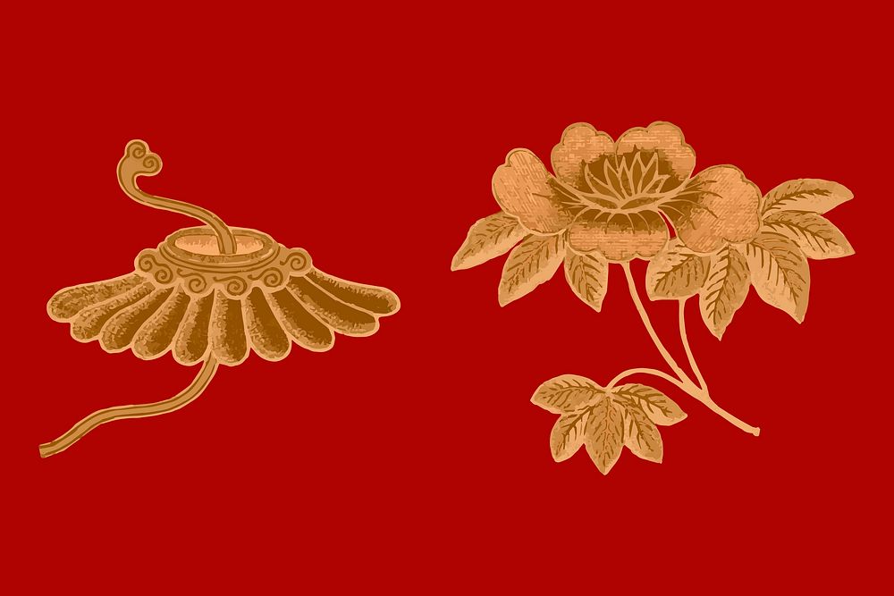 Flower vector gold oriental Chinese art clipart set