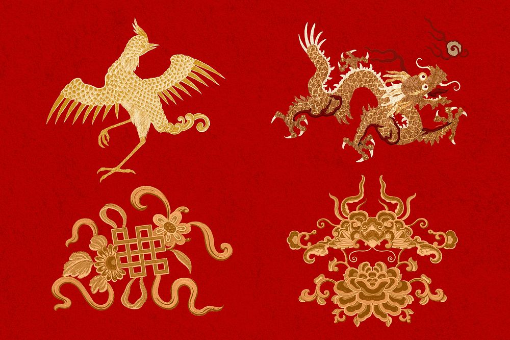 Gold red Chinese art animals clipart set