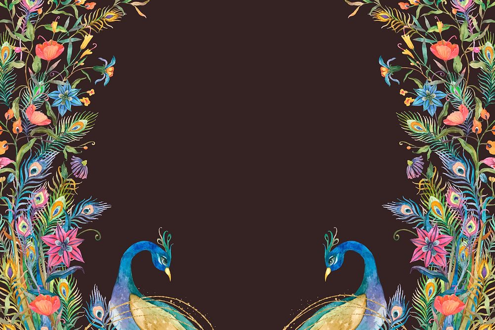 Peacocks frame vector with watercolor flowers on black background