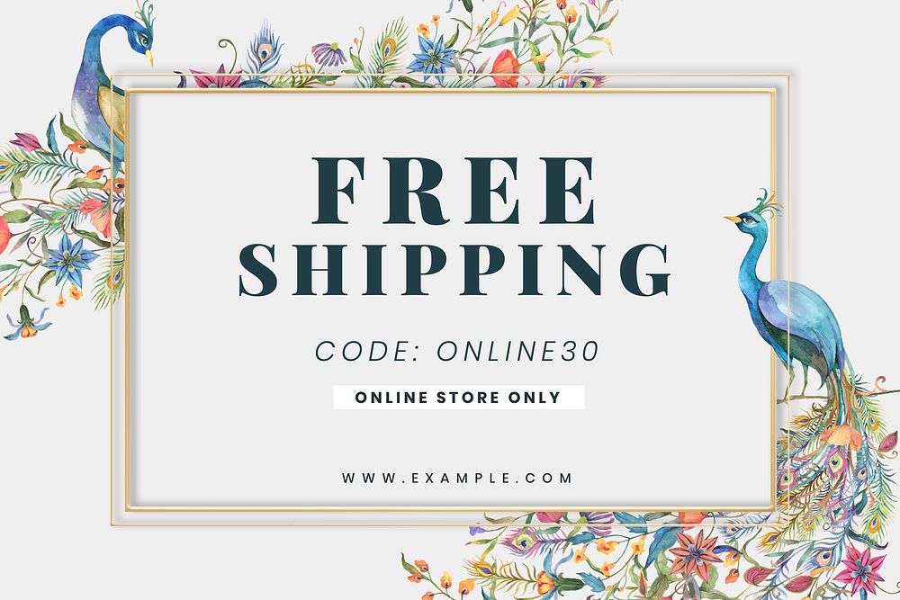Editable shop banner template vector with watercolor peacocks and flowers on beige background for free shipping ad