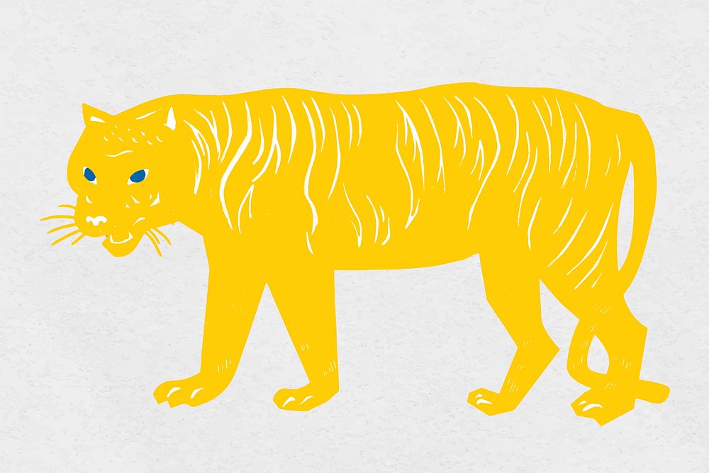 Vintage yellow tiger wildlife animal hand drawn