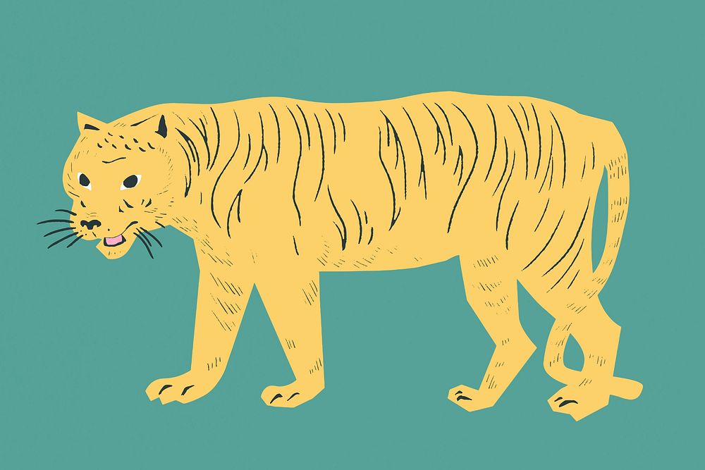 Yellow tiger wild animal vintage linocut drawing