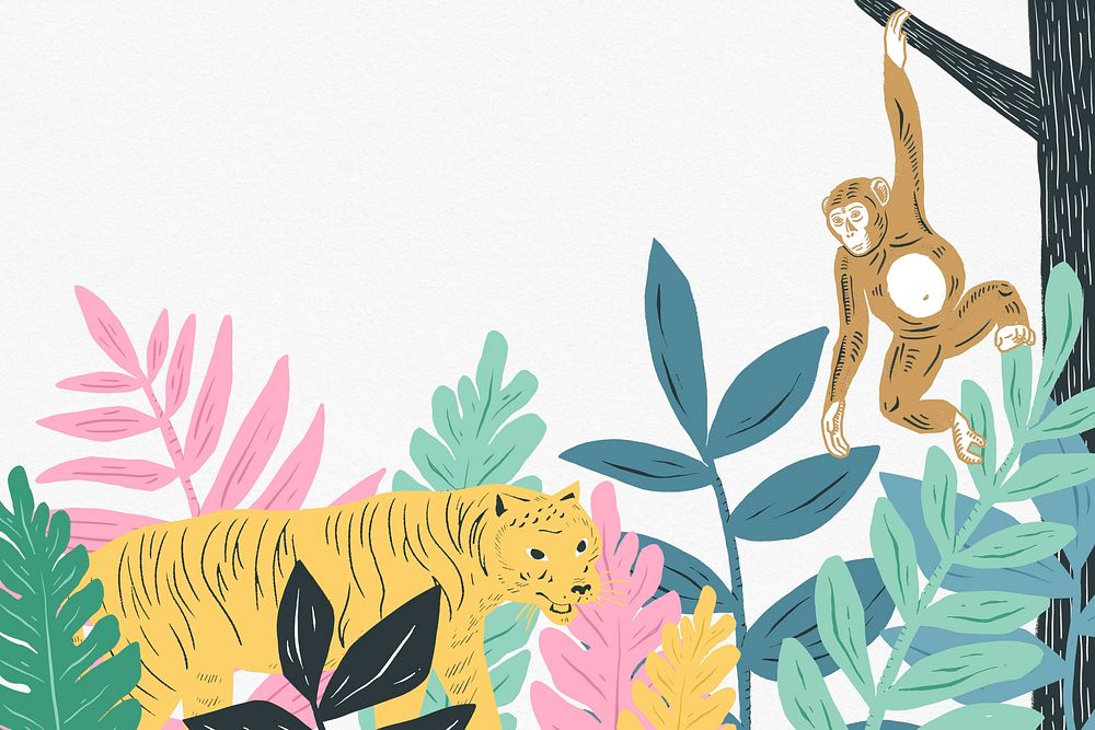 Vintage wild animals frame colorful jungle background